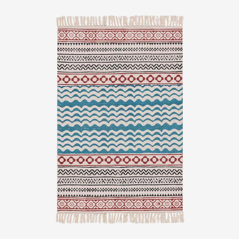 Blue Waves Cotton Kalamkari Dhurrie Rug – 2x3 - Eyaas