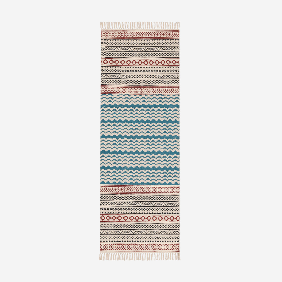 Handwoven & Hand Block Printed Cotton Rug - Blue/White - 2x6