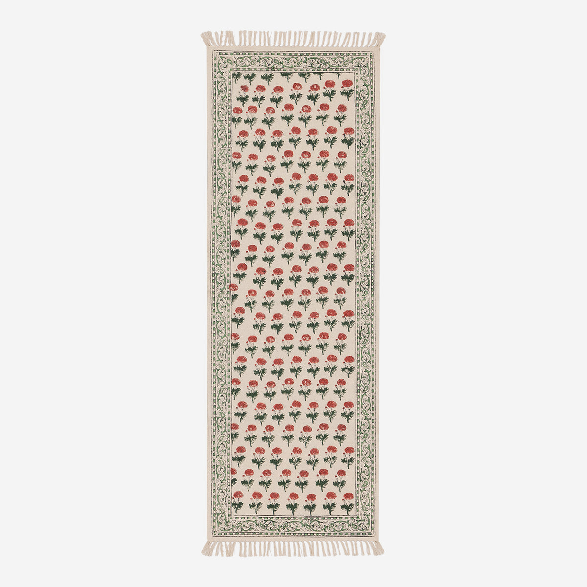 Handwoven & Hand Block Printed Cotton Rug - White Pink Green - 2x6