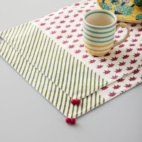 Block Printed Chanderi Table Mats Set of 2, Pink Lotus - Eyaas