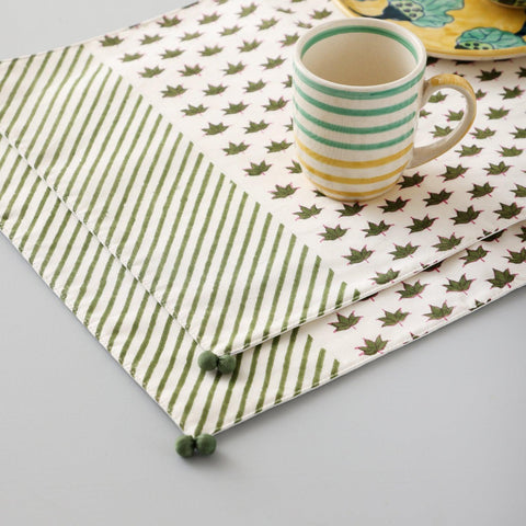 Block Printed Chanderi Table Mats Set of 2, Green Lotus - Eyaas