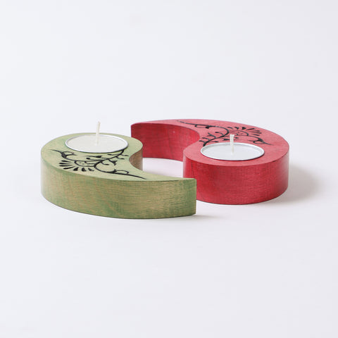 Ying Yang Floral T-Light Holders Red & Green Set of 2