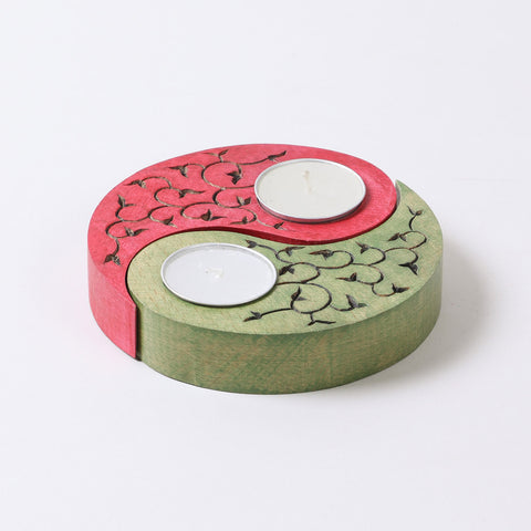 Ying Yang Leaves T-Light Holders Red & Green Set of 2