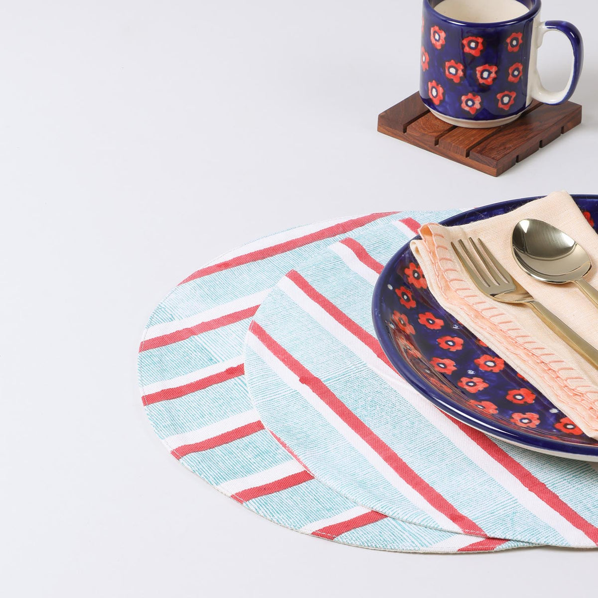 Red & Blue Stripe Block Printed Round Placemat 
Set of 2