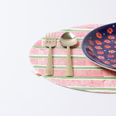 Red & Green Stripe Round Placemat Block Printed 
Set of 2