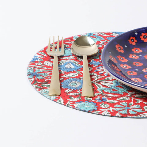 Red & Blue Round Placemat Block Printed 
Set of 2