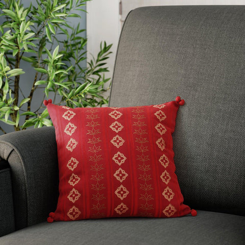 Chanderi Cushion Covers - 12x12, Geometric, Red - Eyaas