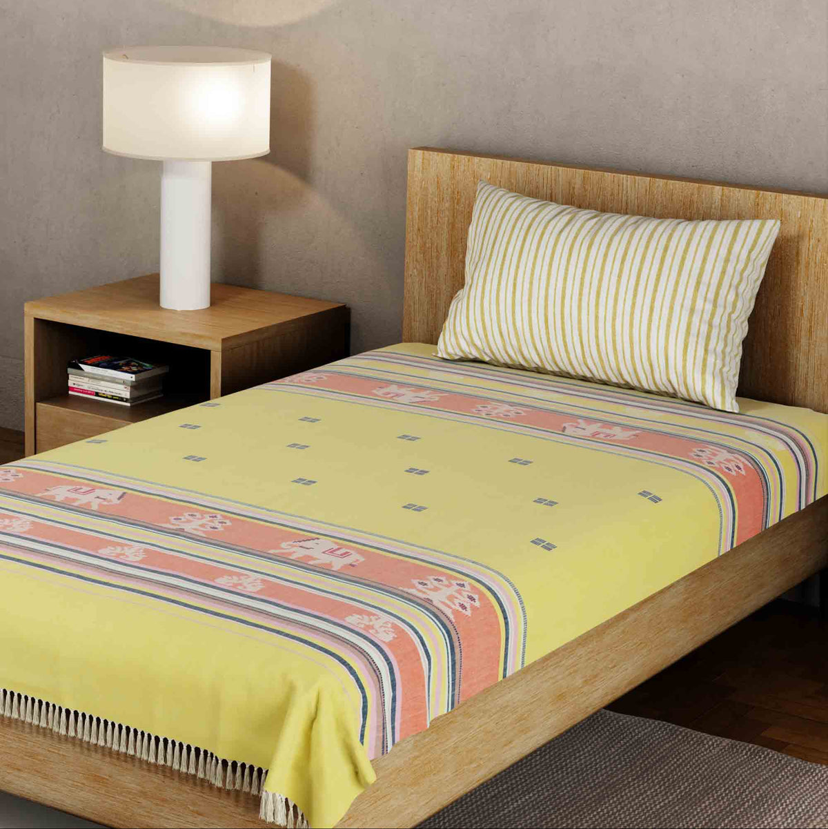 Hand-woven Bawan Buti Single Bedcover, Yellow & Black