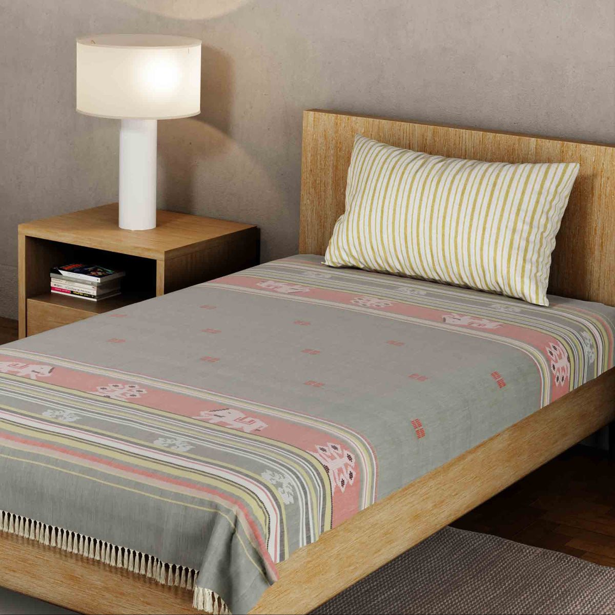 Hand-woven Bawan Buti Single Bedcover, Light Grey