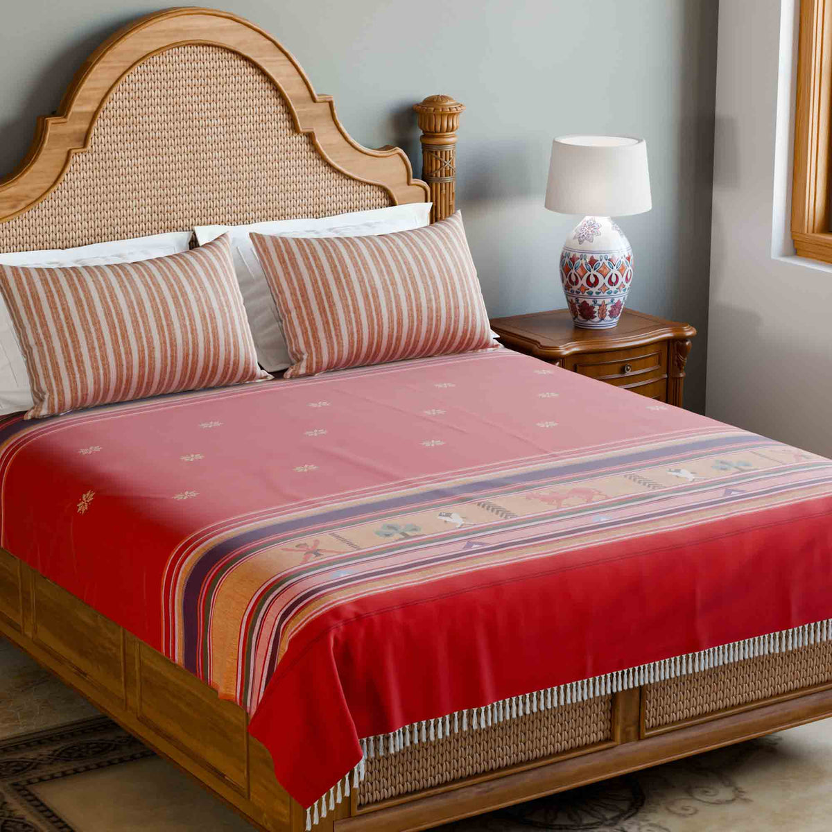 Hand-woven Bawan Buti Double Bedcover, Red
