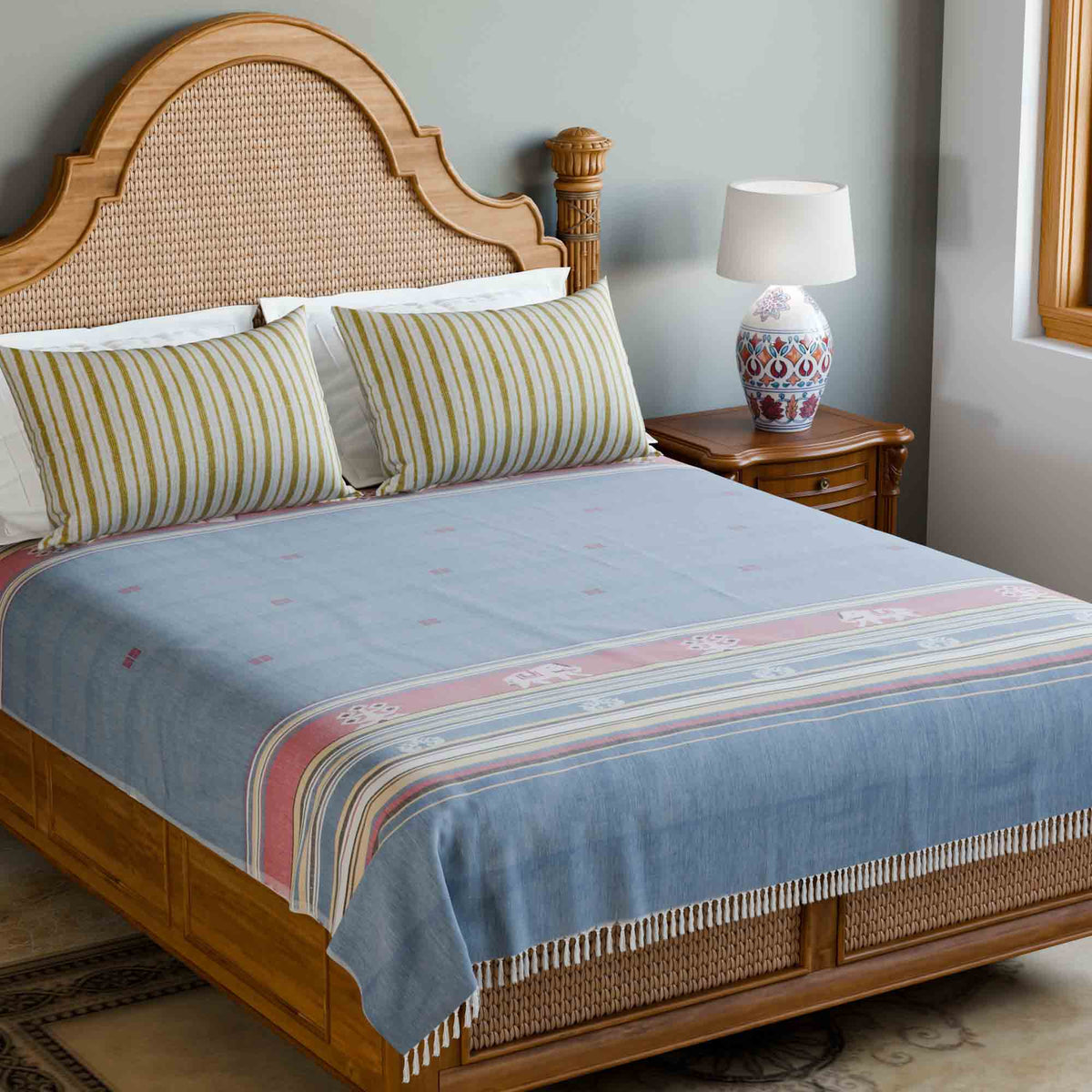 Hand-woven Bawan Buti Double Bedcover, Dark Blue
