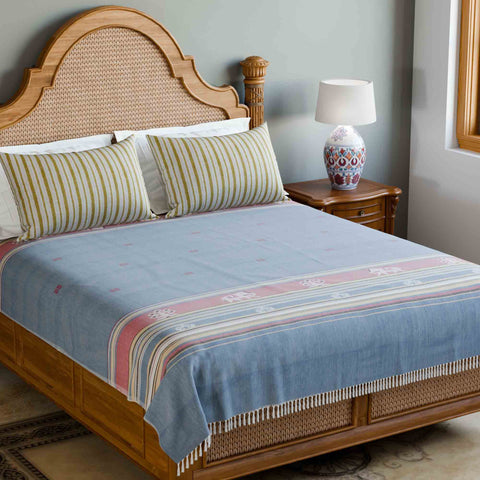 Hand-woven Bawan Buti Double Bedcover, Dark Blue