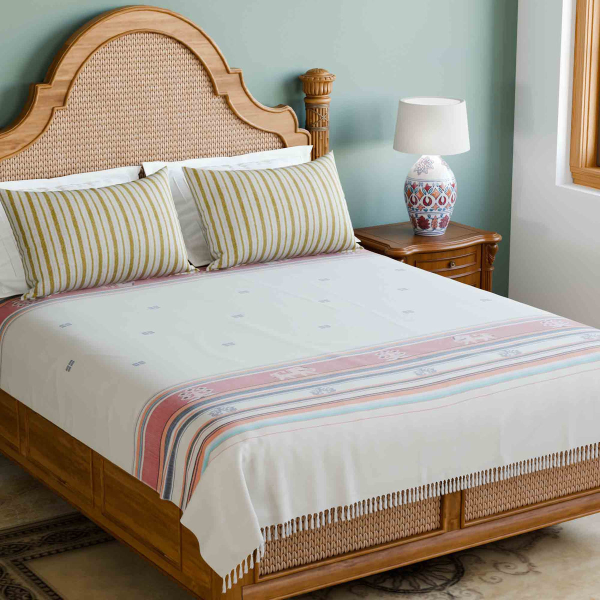Hand-woven Baavan Buti Double Bedcover, White