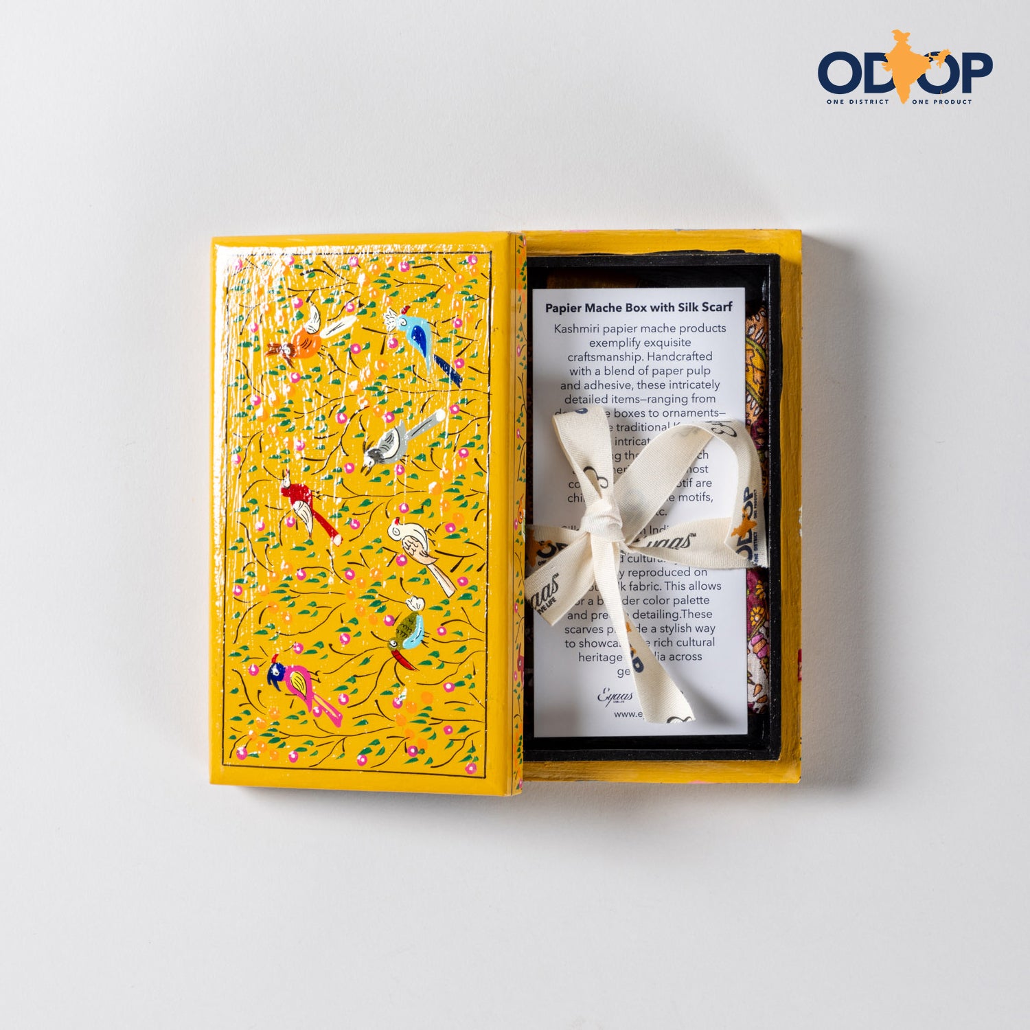 Papier Mache Gift Box with Silk Scarf - Yellow with Birds