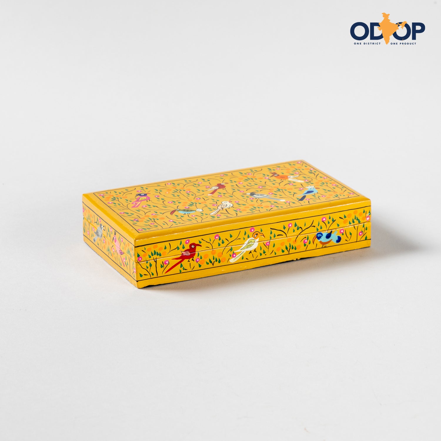 Papier Mache Gift Box with Silk Scarf - Yellow with Birds