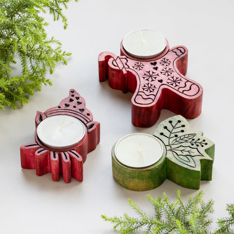 Hand Craved Wooden Christmas T-Light Holder - Set of 3