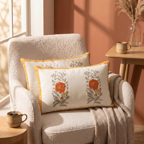 Marigold Buta Block-Printed Lumbar Cushion Cover - Set of 2