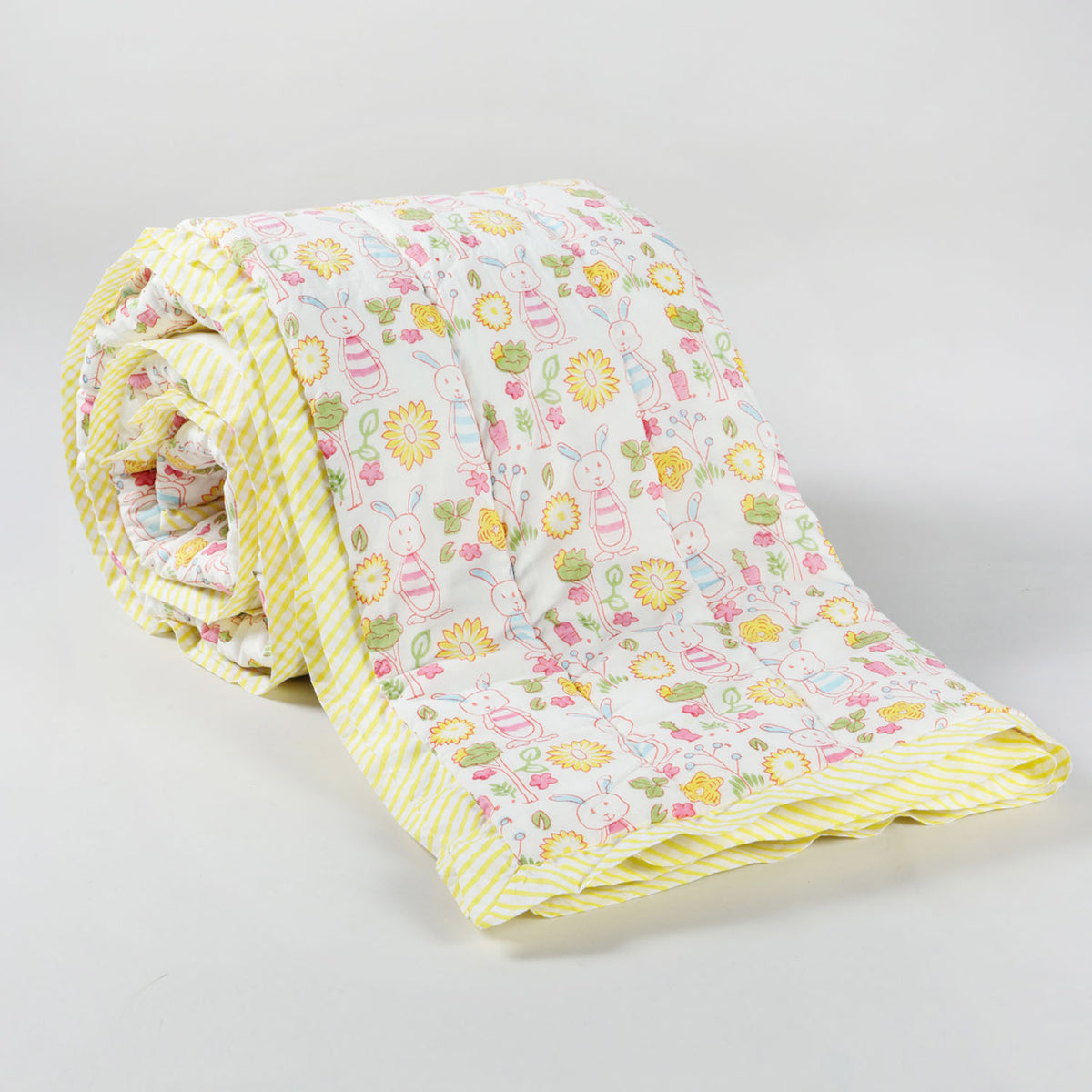 Bunny’s Garden Reversible Block Print Quilt 60x90 Inches