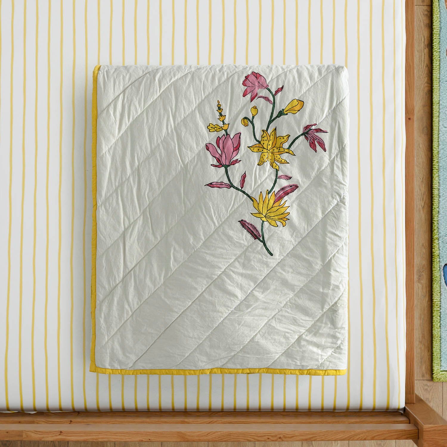 Big Floral Hand Block Printed Cotton Quilted BedSpread  90x108 Inches