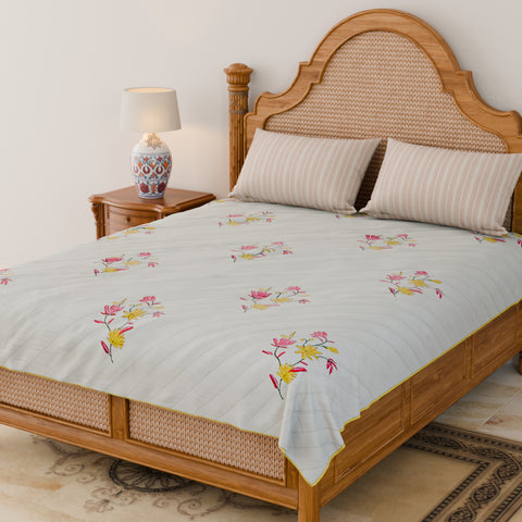 Big Floral Hand Block Printed Cotton Quilted Bed Spread  90x108 Inches