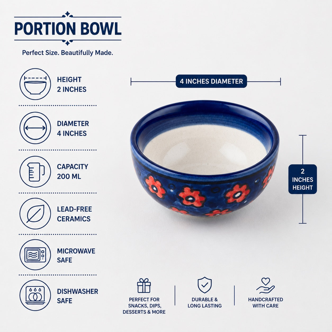 Red and Blue Floral Ceramic Katori Bowl / Portion Bowl