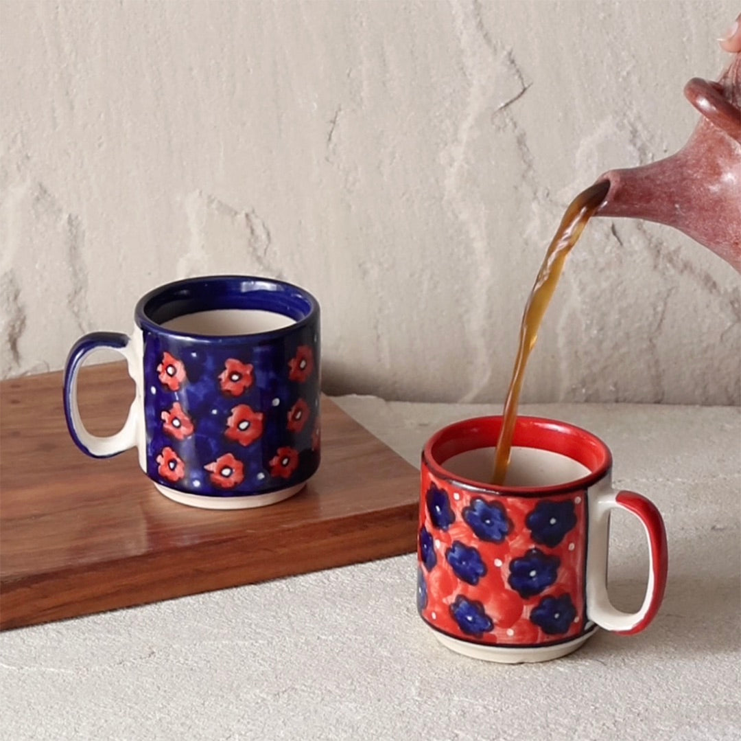 Blue Floral Ceramic Coffee Mug Set (Small)