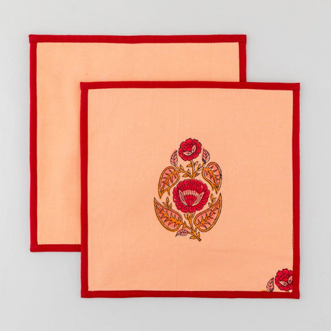 Block Printed Fabric Trivet Set of 2, 8x8, Red Orange - Eyaas