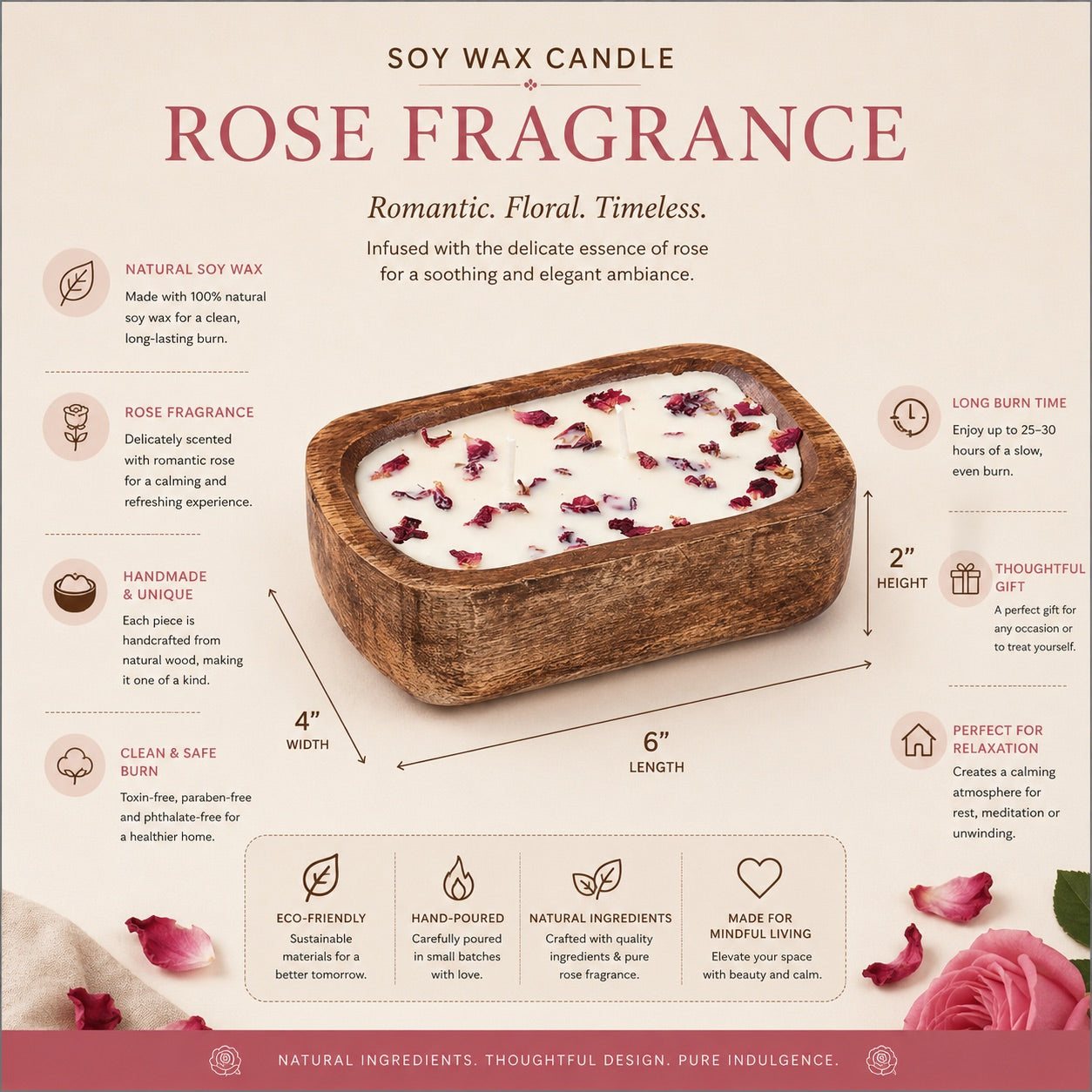Wooden Tub Soy Wax Rose Scented Candle