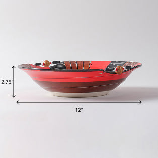  Size chart of handmade abstract pattern ceramic bowl with wooden beads showing dimensions of 10 x 5.5 x 1 inches