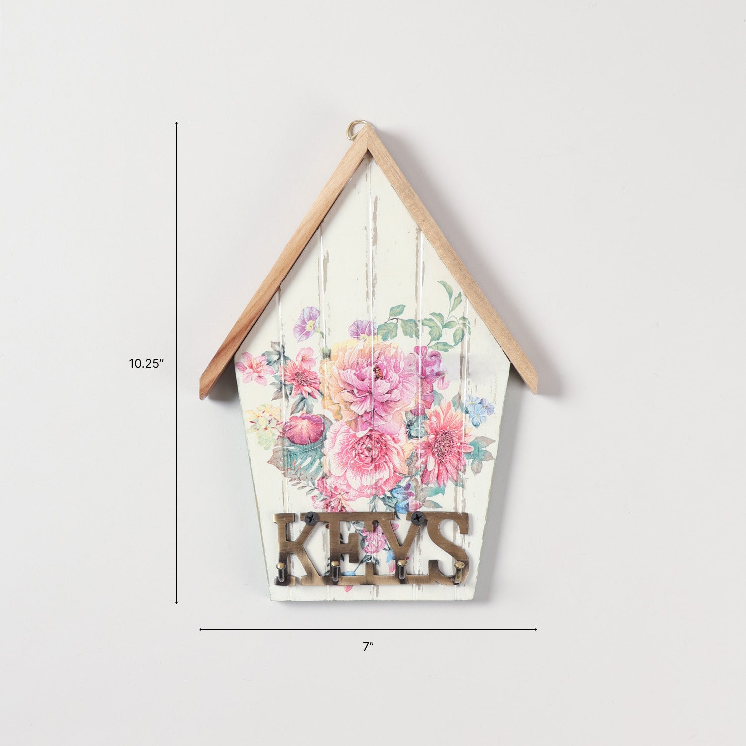 Size of handmade bamboo decoupage key holder showing dimensions of 10.25 x 7 inches for wall mounting