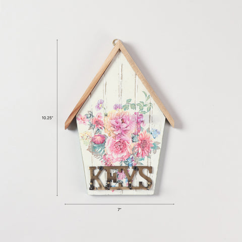 Size of handmade bamboo decoupage key holder showing dimensions of 10.25 x 7 inches for wall mounting