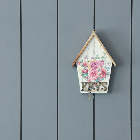 Handmade bamboo decoupage wall key holder with 4 hooks and colourful floral artwork mounted on a wall, designed to organise home and car keys stylishly
