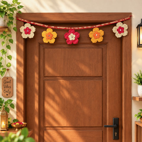 Bamboo flower toran home decor styled above a main entrance door
