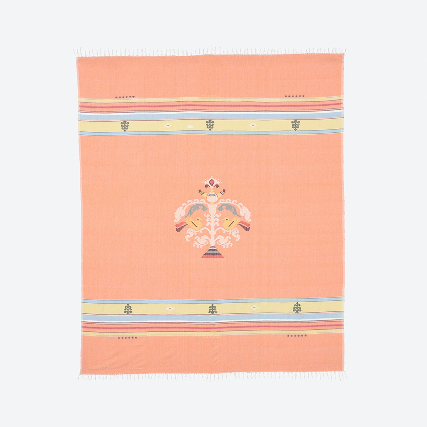 Full unfolded handwoven Bawan Buti cotton bedcover in orange featuring traditional motifs and multicoloured woven stripe details