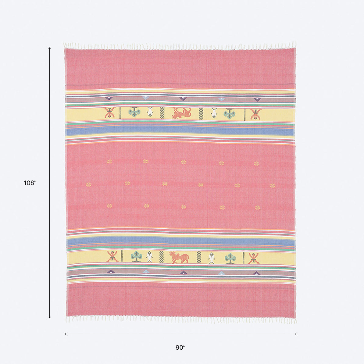 Size of handwoven Bawan Buti cotton bedcover showing dimensions of 90 x 108 inches for a double or king size bed