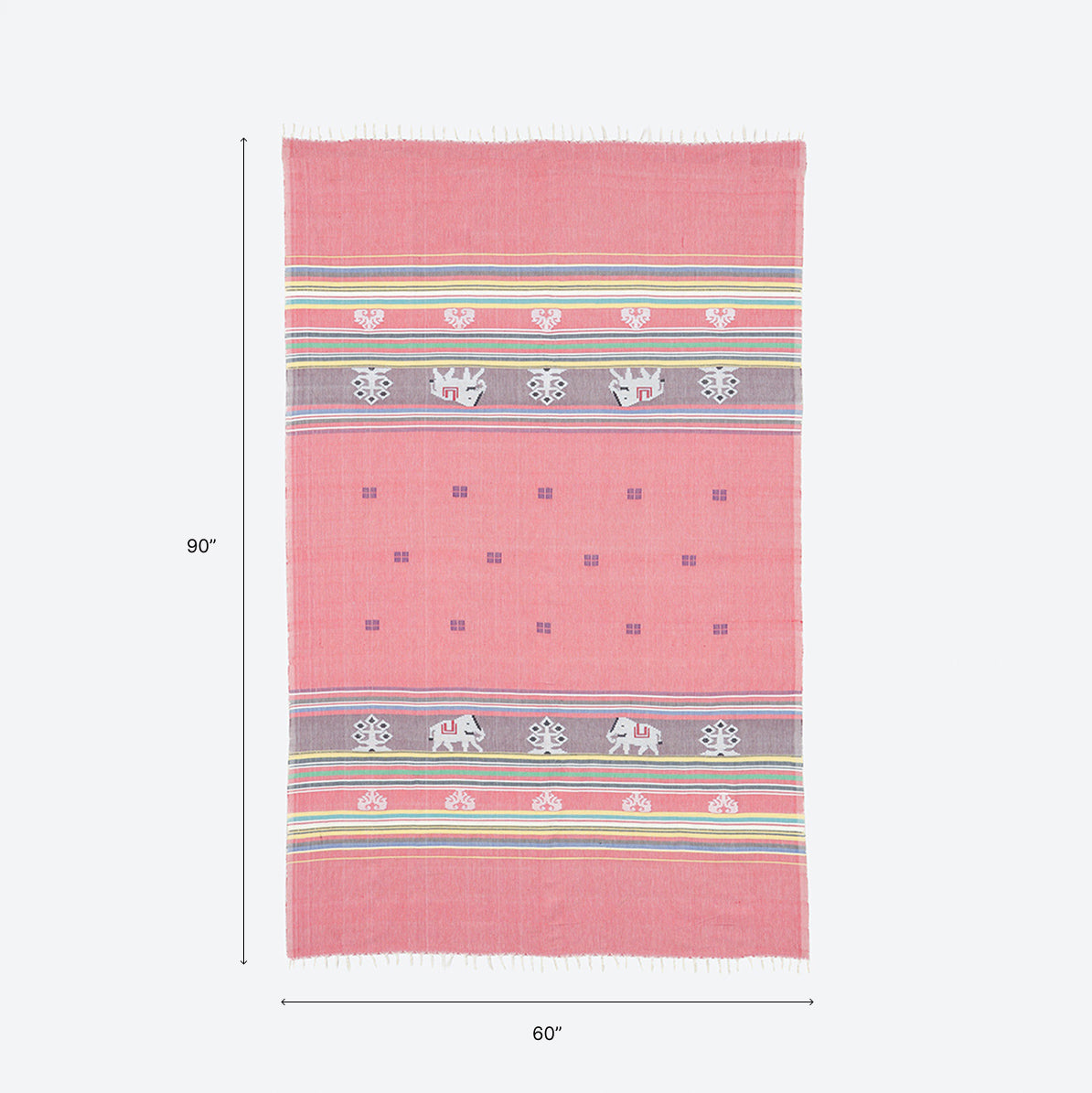 Size of handwoven Bawan Buti cotton single bedcover showing dimensions of 60 x 90 inches
