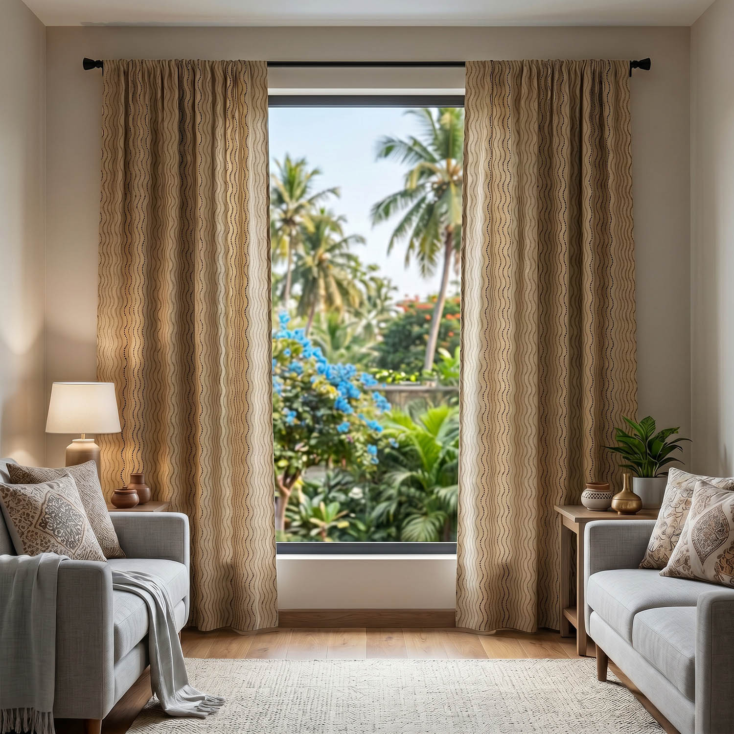 Hand block printed beige cotton curtain for the living room with a soothing Blue Wave pattern