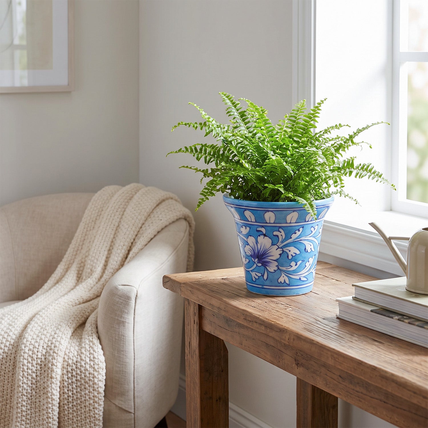  Bell-shaped blue pottery pot for living room styled by a window with a green plant