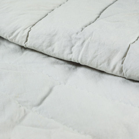 Close-up of floral block printed cotton quilted bedspread showing stitching details, breathable cotton fabric, and yellow piping edge