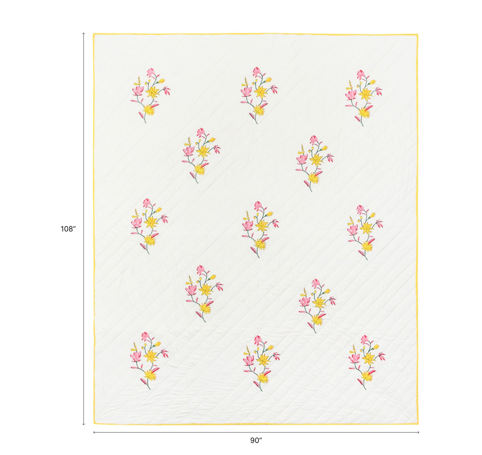 Size chart of Big Floral hand block printed cotton quilted bedspread showing dimensions of 90 inches x 108 inches