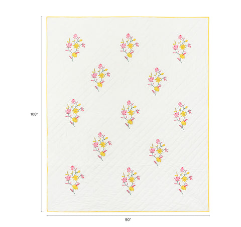 Size chart of Big Floral hand block printed cotton quilted bedspread showing dimensions of 90 inches x 108 inches