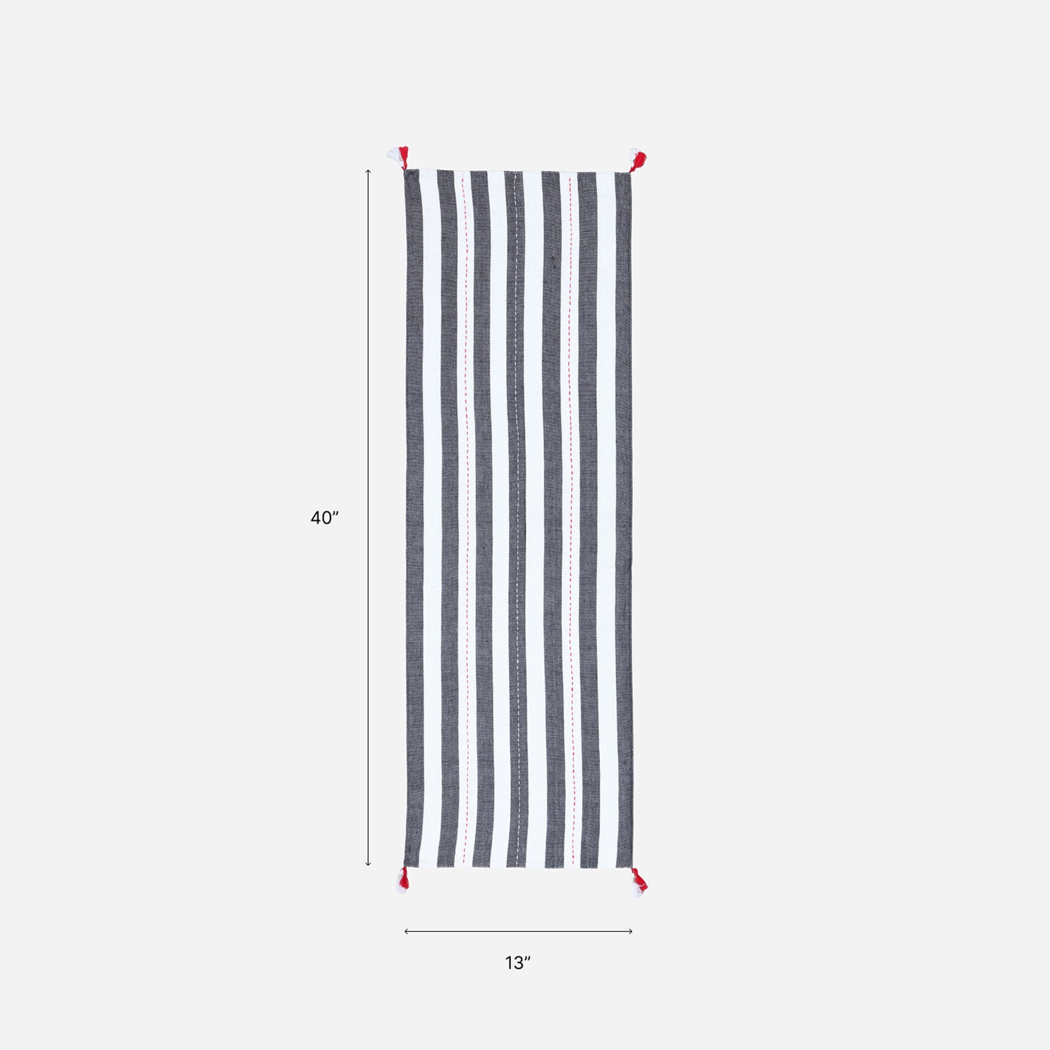 Size chart of a handwoven black and white striped cotton table runner of 13 Inches x 42 Inches, that typically suits a 2 to 4-seater dining table
