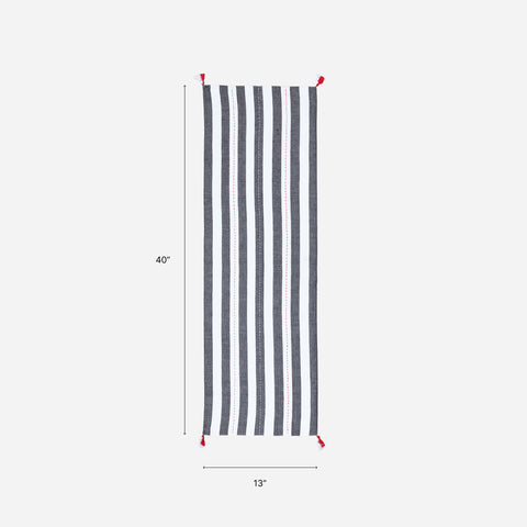 Size chart of a handwoven black and white striped cotton table runner of 13 Inches x 42 Inches, that typically suits a 2 to 4-seater dining table