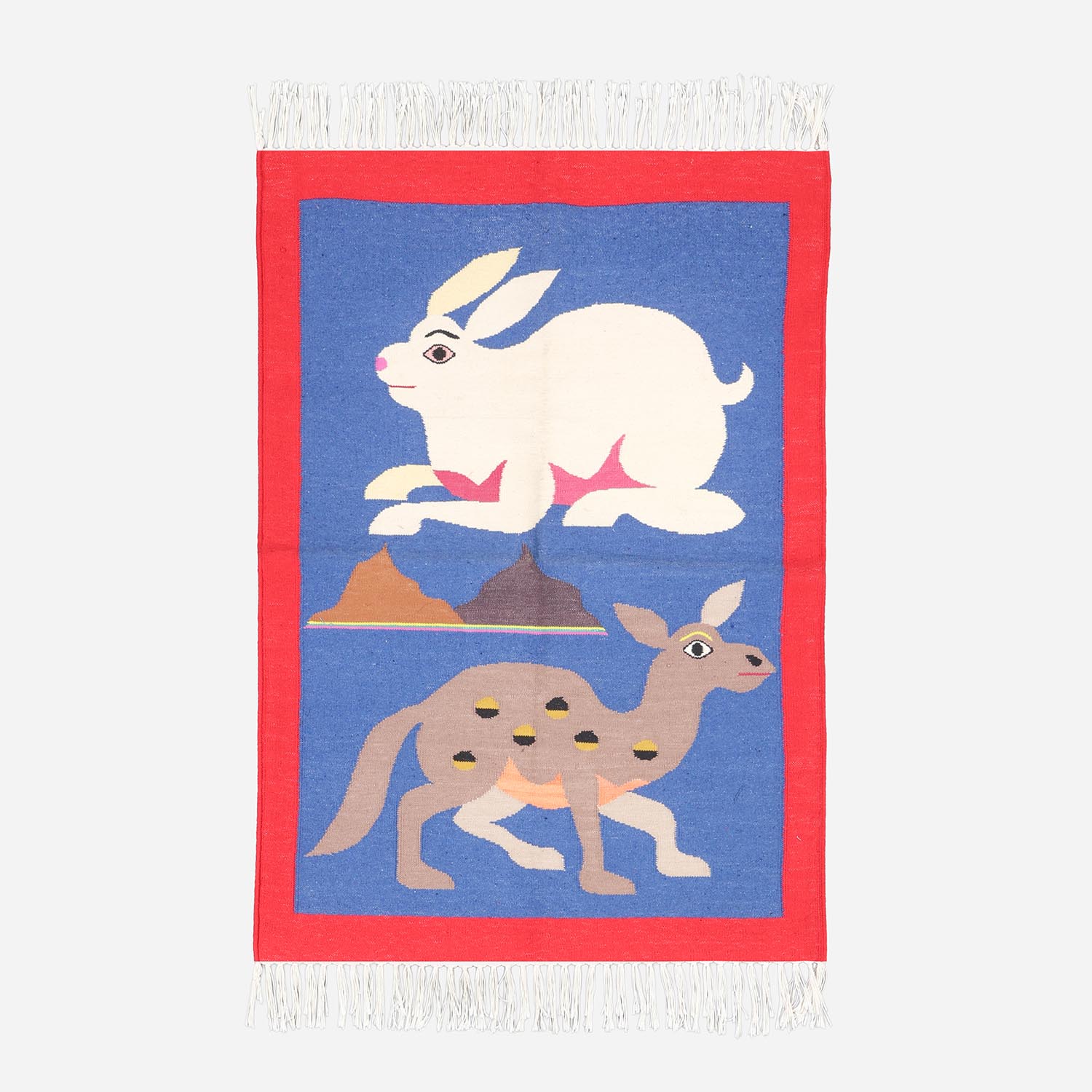 Full-size 2x3 ft handwoven cotton rug with camel and rabbit motifs on a blue base and red border