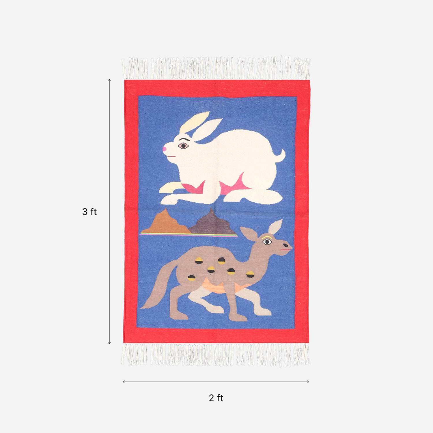 2 x 3 ft cotton dhurrie size guide featuring camel and rabbit motifs inspired by Bikaner folk art weaving