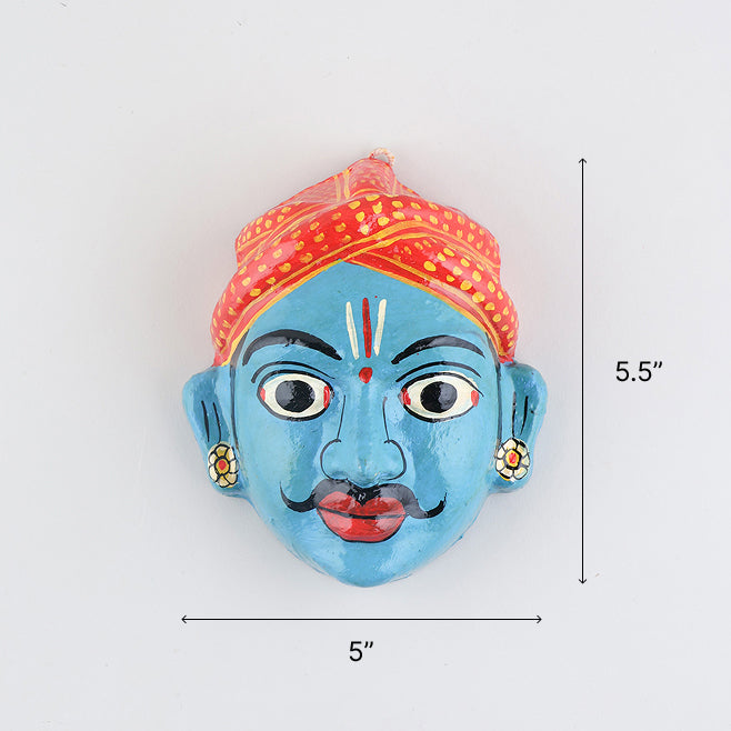 Size chart of handcrafted blue Cheriyal couple mask set showing dimensions of 5.5 x 5 x 2.5 inches per mask
