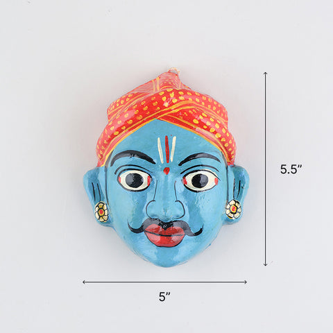 Size chart of handcrafted blue Cheriyal couple mask set showing dimensions of 5.5 x 5 x 2.5 inches per mask