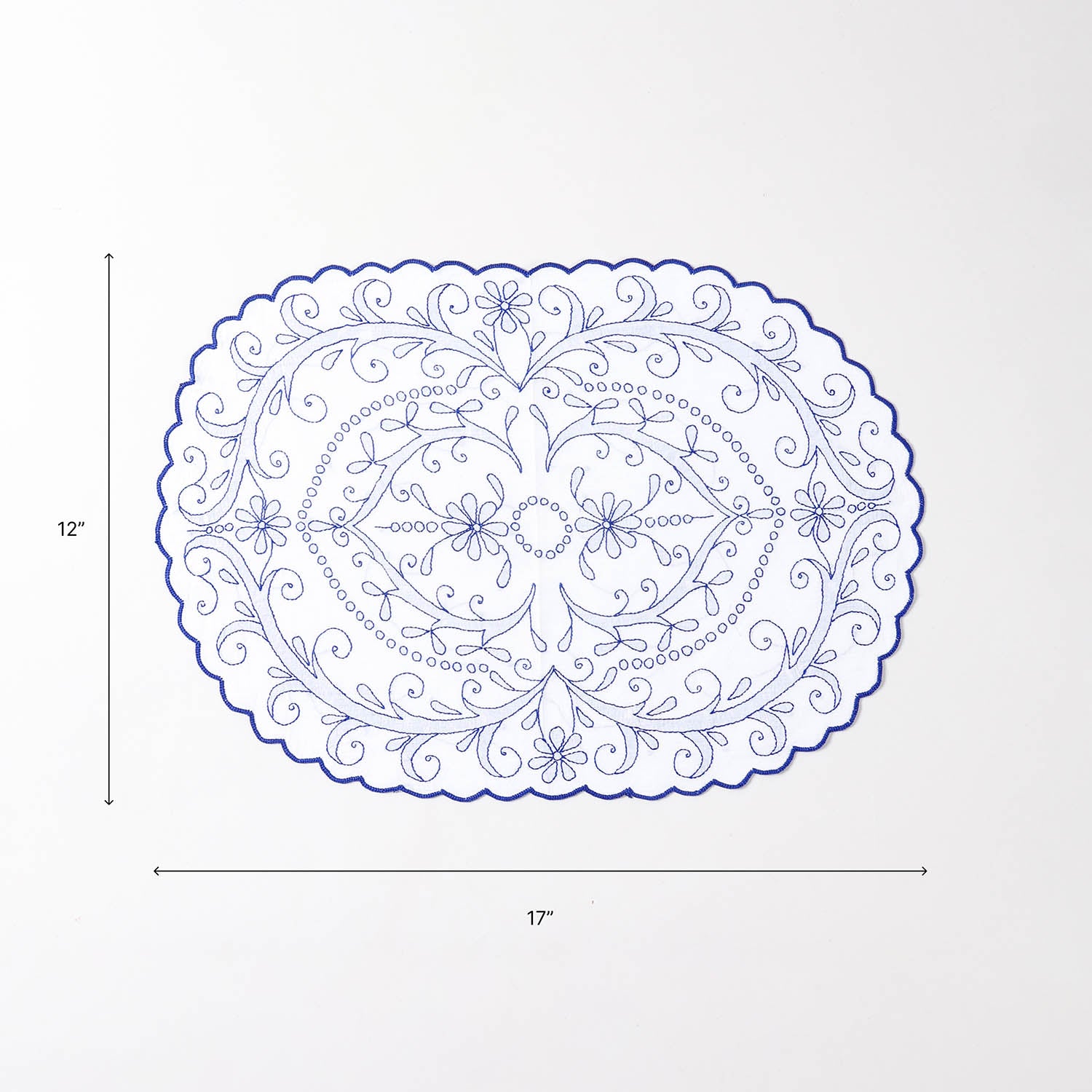 Size chart of embroidered cotton table mats showing dimensions of 17 inches x 12 inches