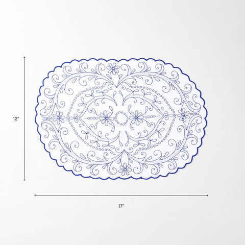 Size chart of embroidered cotton table mats showing dimensions of 17 inches x 12 inches
