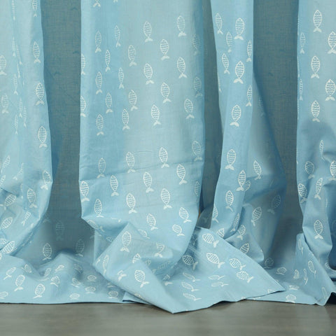blue fish block-printed hand-dyed mulmul cotton window curtain. Soft, breathable cotton curtains for windows and doors with handcrafted detail